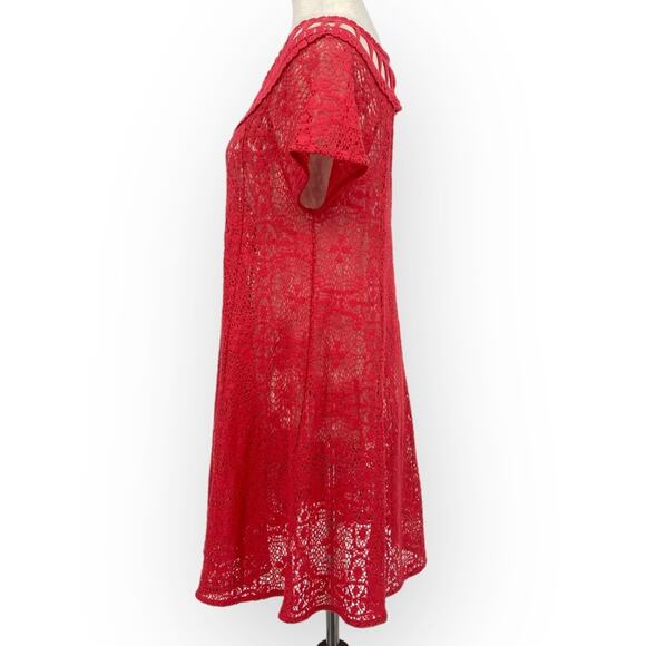 FREE PEOPLE Coral Red Eyelet Cut Out Sheer Boho Mini Dress Size Medium Cover Up - Picture 3 of 6